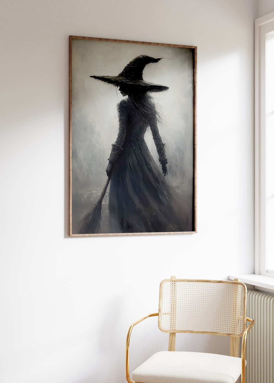 Witch in Black Silhouette With Broom Standing in the Mist Poster - Image 2