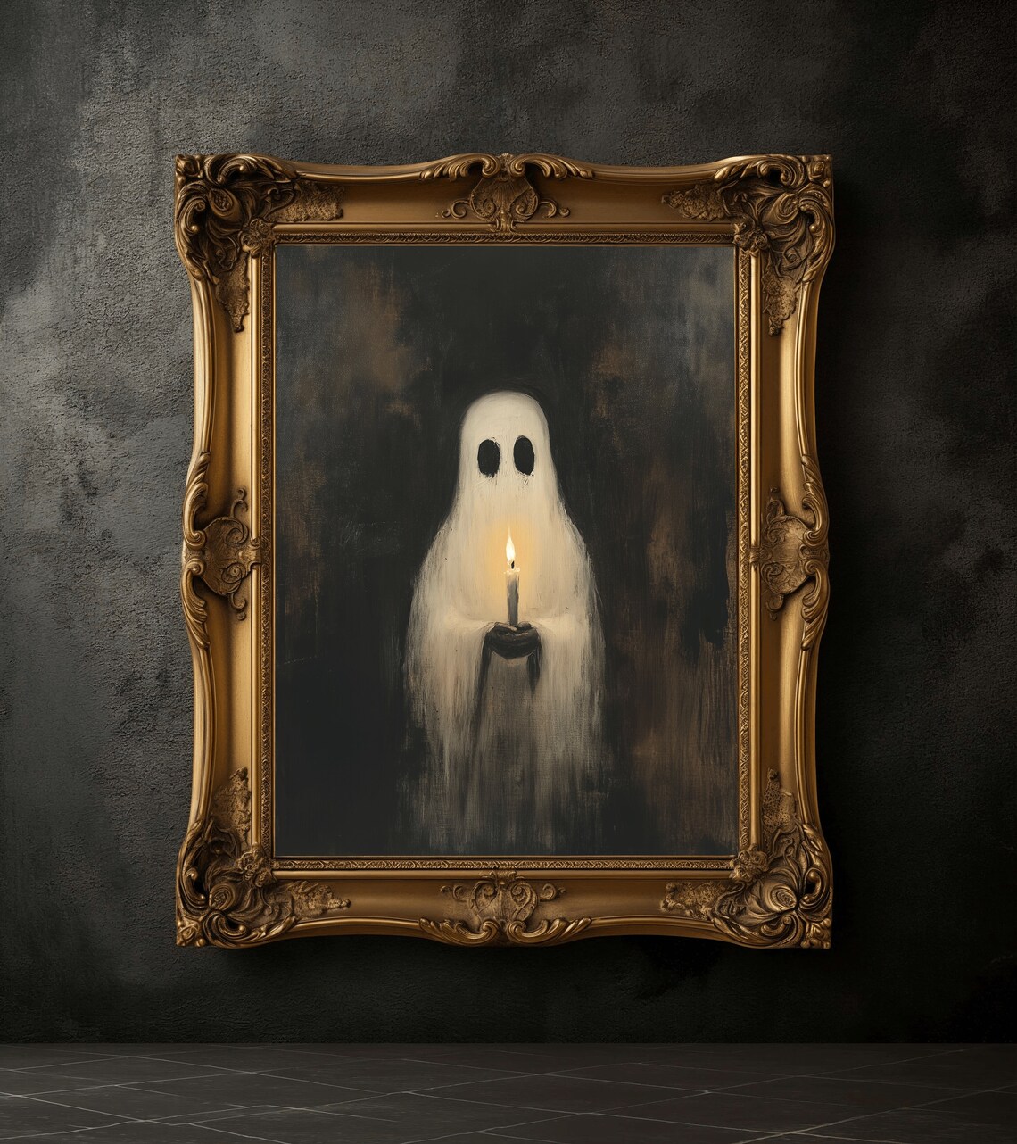 Spooky White Ghost Holding Candle Dark Moody Halloween Art Poster
