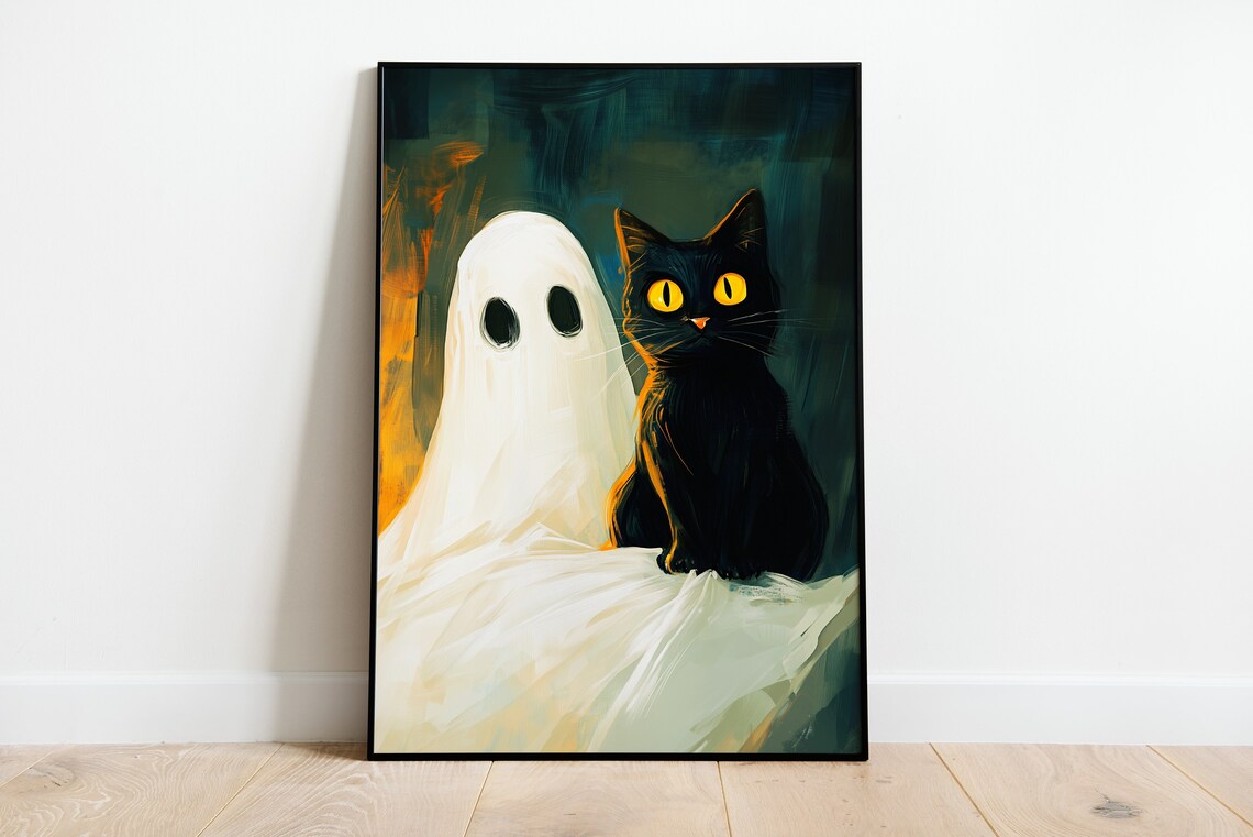 Cute Ghost Holding a Black Cat Halloween Spooky Painterly Art Poster - Image 2