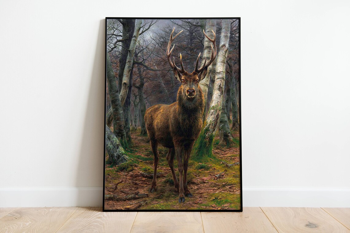 Red Deer Stag Buck In The Forest Print Vintage Wild Animal Poster Large Wall Art Nature Painting Deer Painting Farmhouse Wall Decor - Image 4