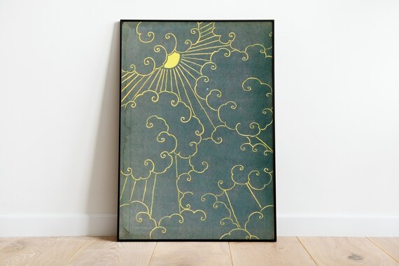 Sun And Clouds Vintage Book Cover Old Abstract Minimal Print Large Wall Art Retro Sun Poster Room Decor Weather Lover Gift Neutral Art