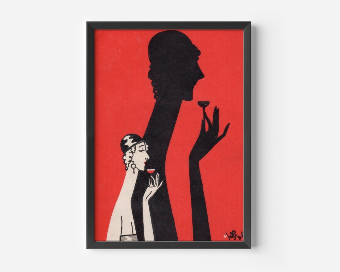Woman and Shadow Sipping Drink, Art Deco Cocktail Poster - Image 3