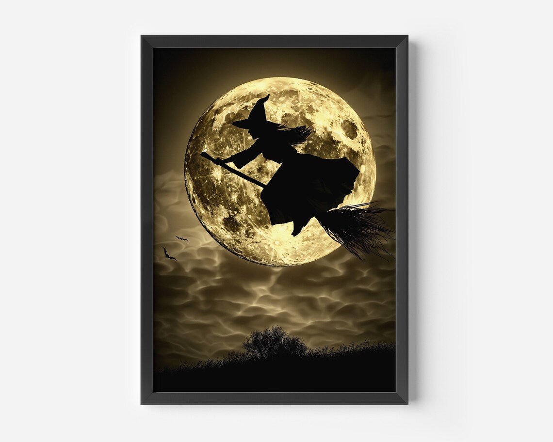 Witch Silhouette Flying Across Golden Full Moon Halloween Poster - Image 3