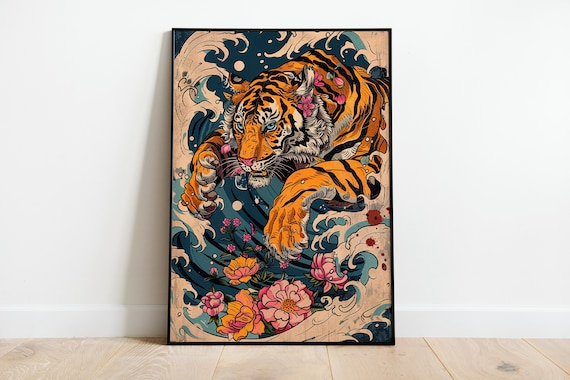 Tiger and The Great Wave Off Kanagawa Japanese Vintage Art Poster
