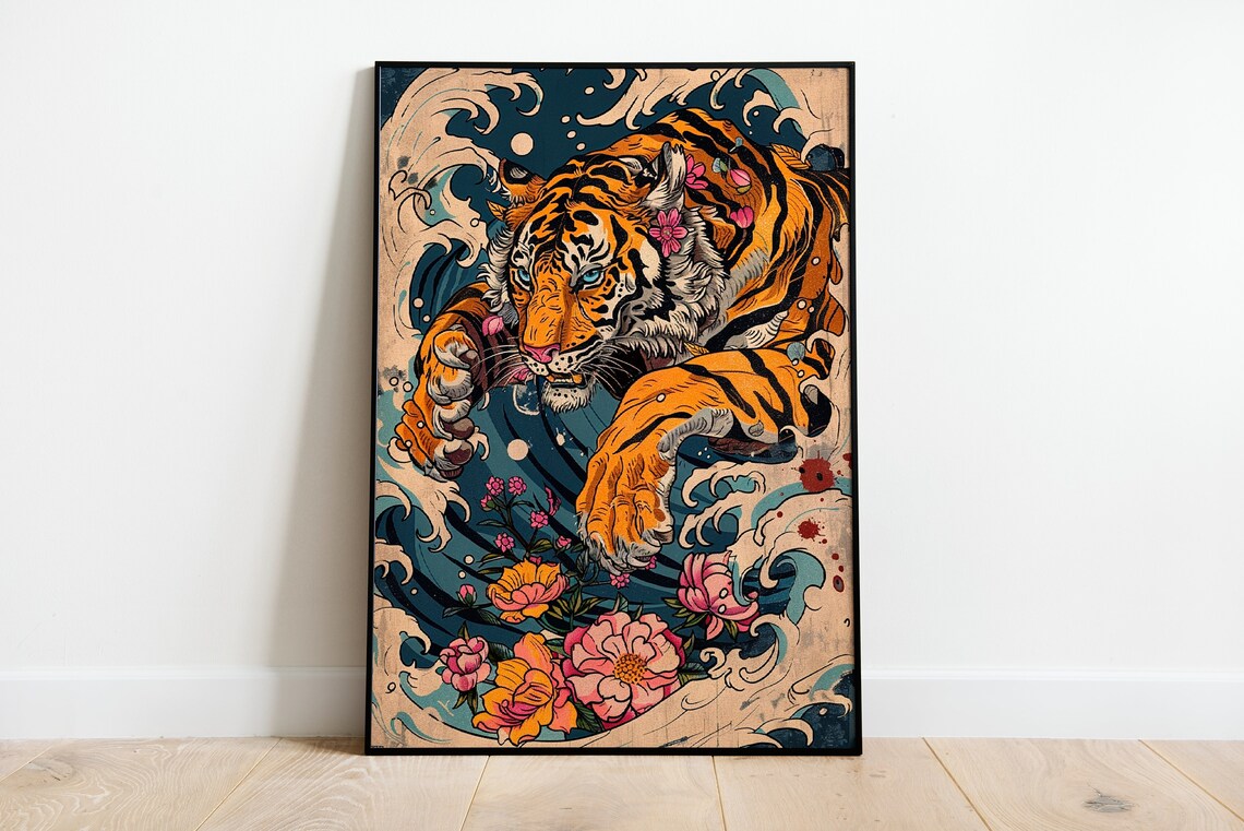 Tiger and The Great Wave Off Kanagawa Japanese Vintage Art Poster