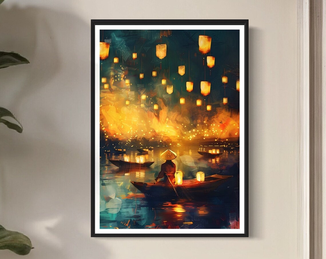 Hoi An Lantern Boat Travel Poster, Vietnam Festival