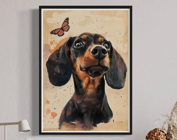 Black Tan Dachshund Butterfly Print Sausage Dog Painting Cute Dog Artwork Miniature Dachshund Art Wiener Doxie Decor Dog Lover Gift