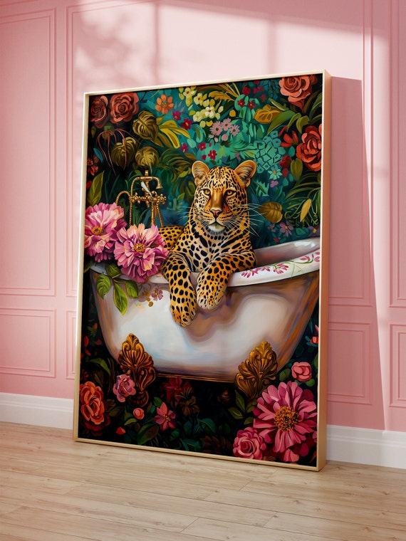 Leopard In A Bathtub, Maximalist Oil Painting Poster