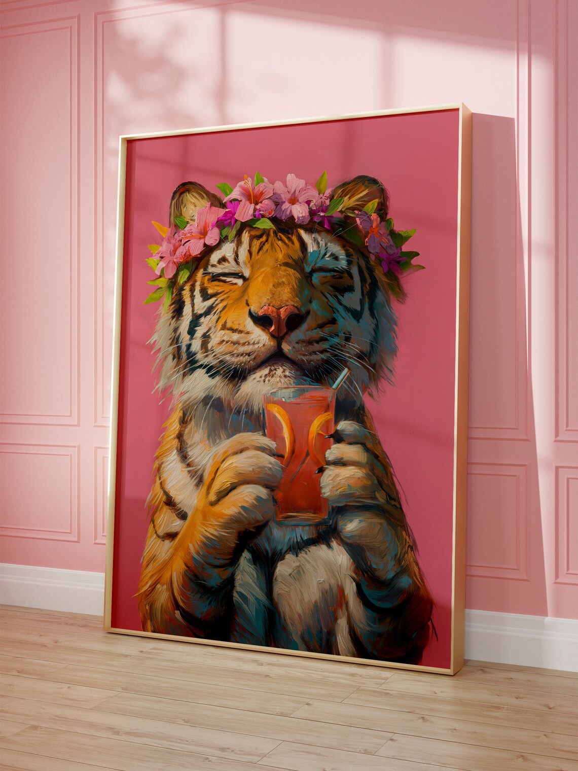 Tiger And Cocktail, Maximalist Oil Painting - Image 2