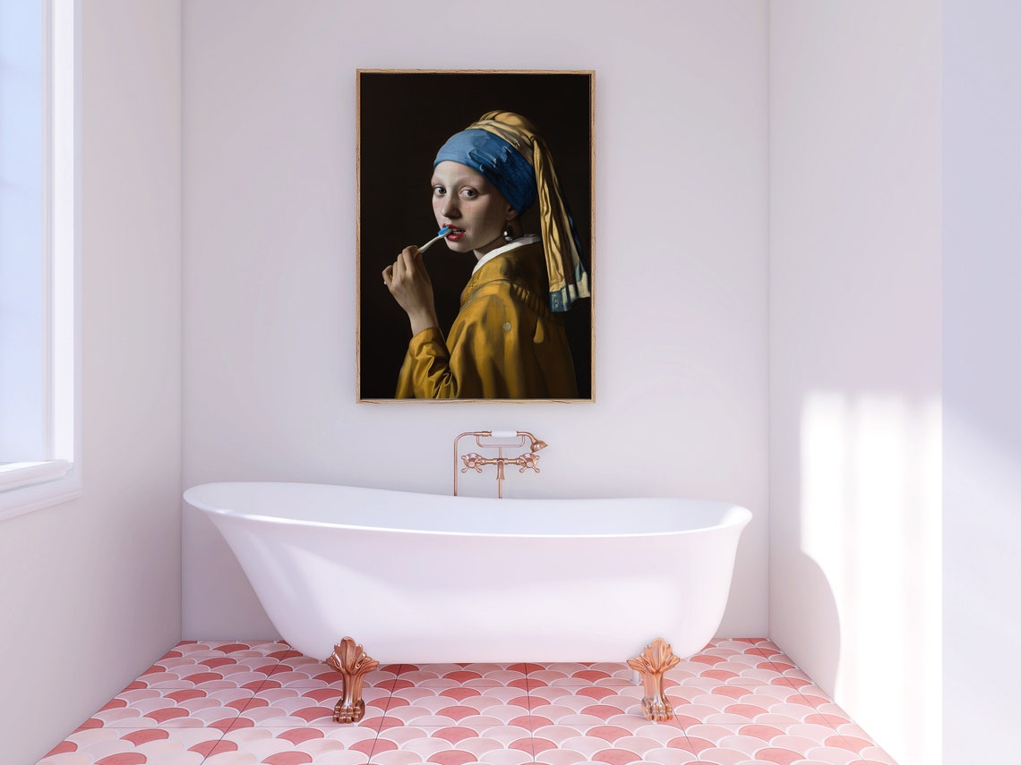 Girl With A Pearl Earring, Funny Bathroom Poster - Image 4