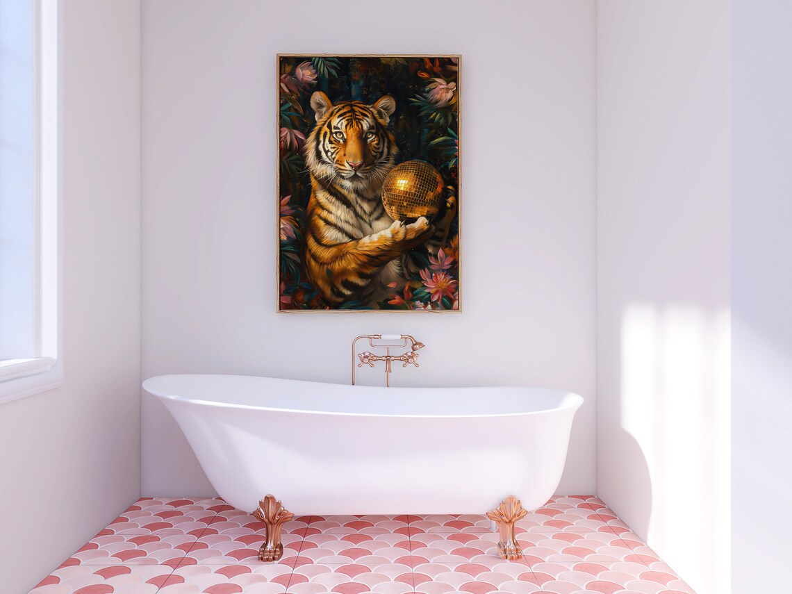 Tiger And Gold Disco Ball, Maximalist Oil Painting - Image 4