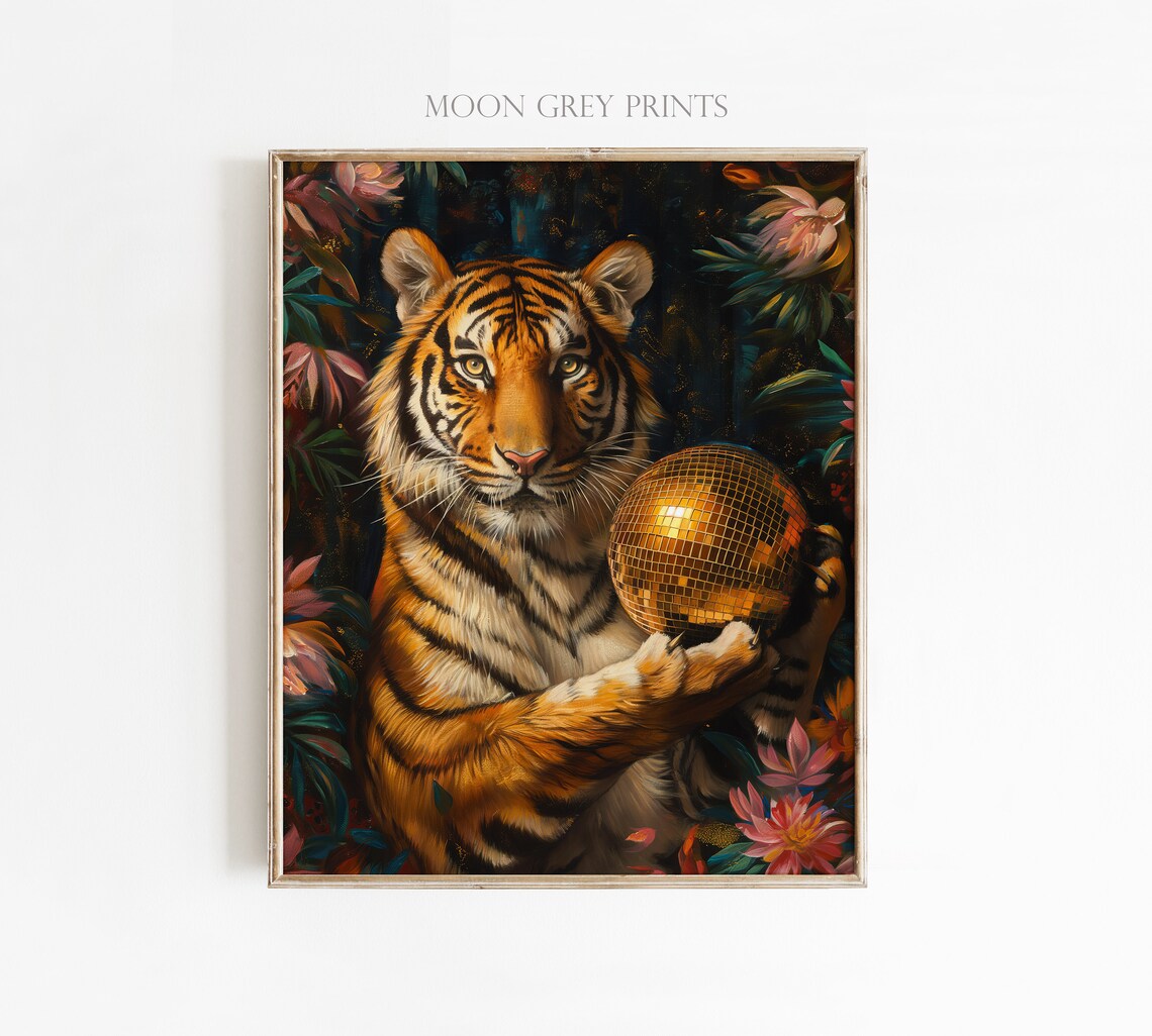 Tiger And Gold Disco Ball, Maximalist Oil Painting - Image 3