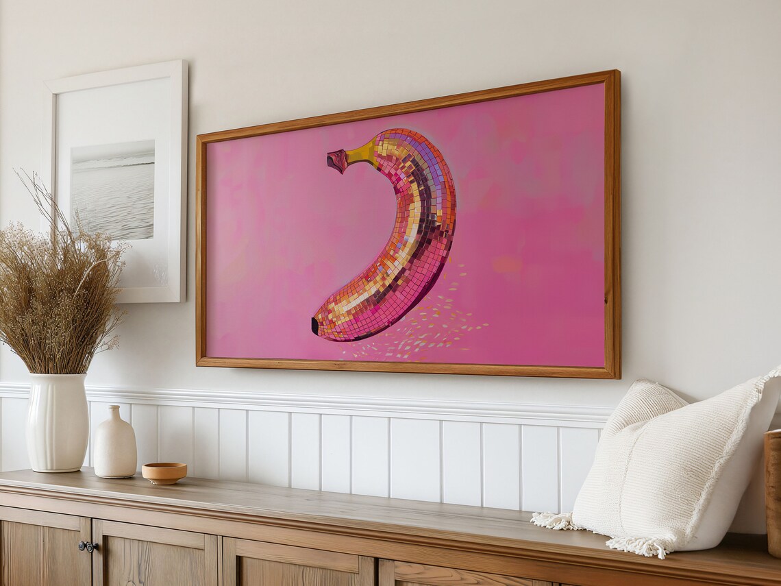 Banana Disco Ball Maximalist Painting, Pink Decor - Image 3