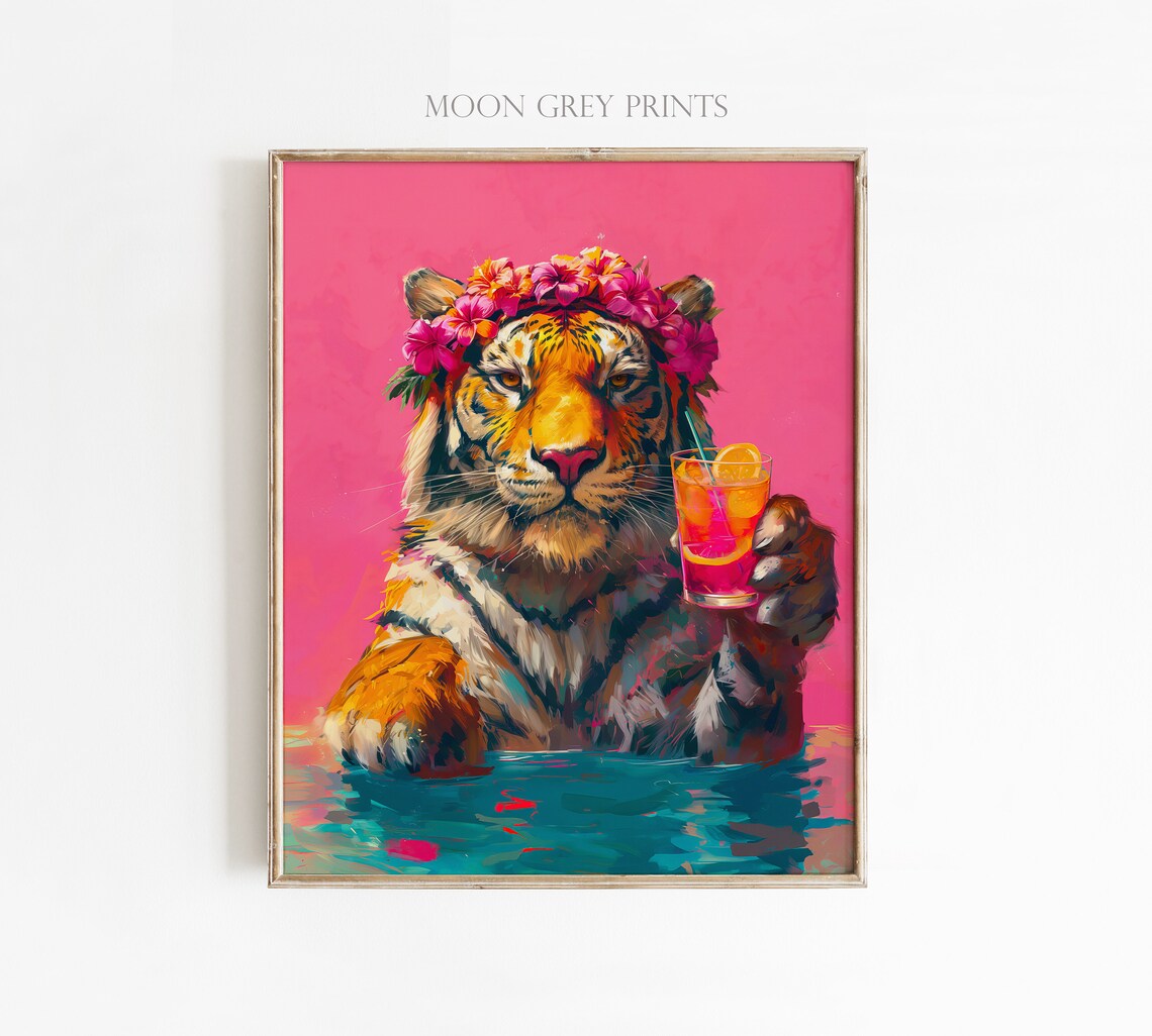 Tiger With A Cocktail, Maximalist Oil Painting - Image 3