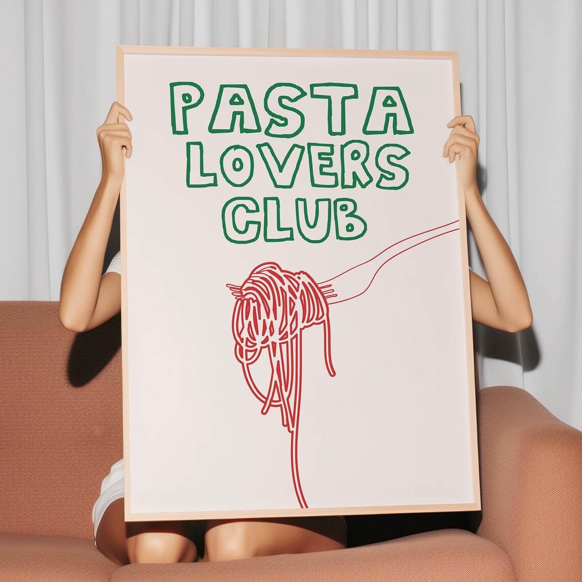 Pasta Lovers Club Green Spaghetti Fork Red Line Art Food Poster