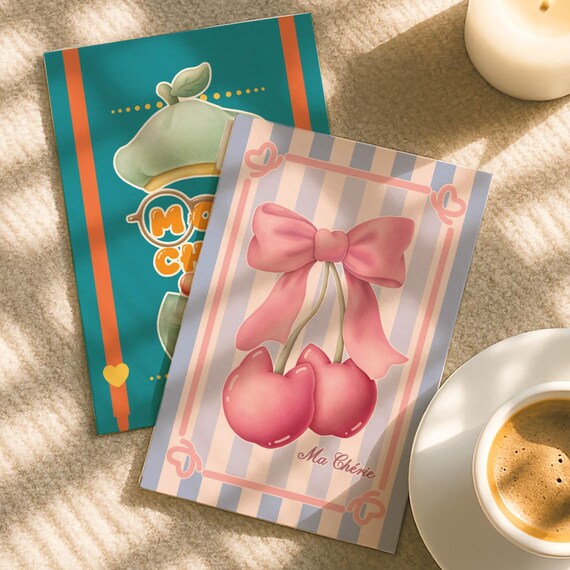 Ma Cherie Cherry Bow Card Blue Pink Stripe French Love Illustration Print