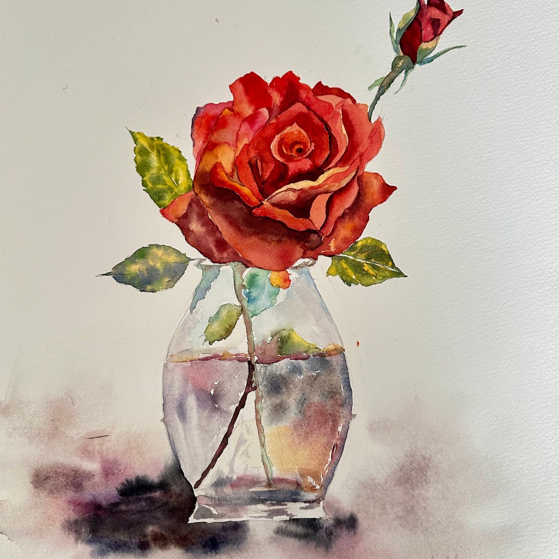 Single Red Rose with Bud in a Clear Glass Vase Watercolor Poster - Image 5
