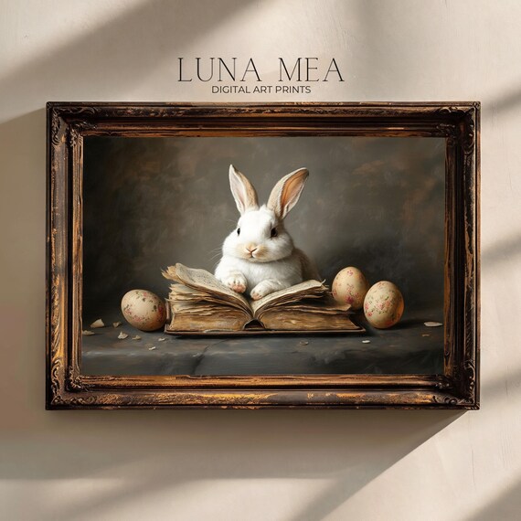 Vintage White Bunny Reading Antique Book With Painted Easter Eggs Art Poster