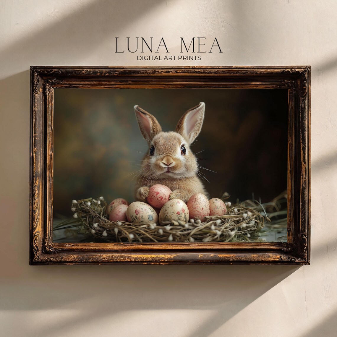 Vintage Easter Bunny With Nest Of Speckled Eggs Floral Spring Art Poster