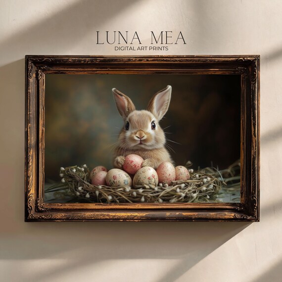 Vintage Easter Bunny With Nest Of Speckled Eggs Floral Spring Art Poster