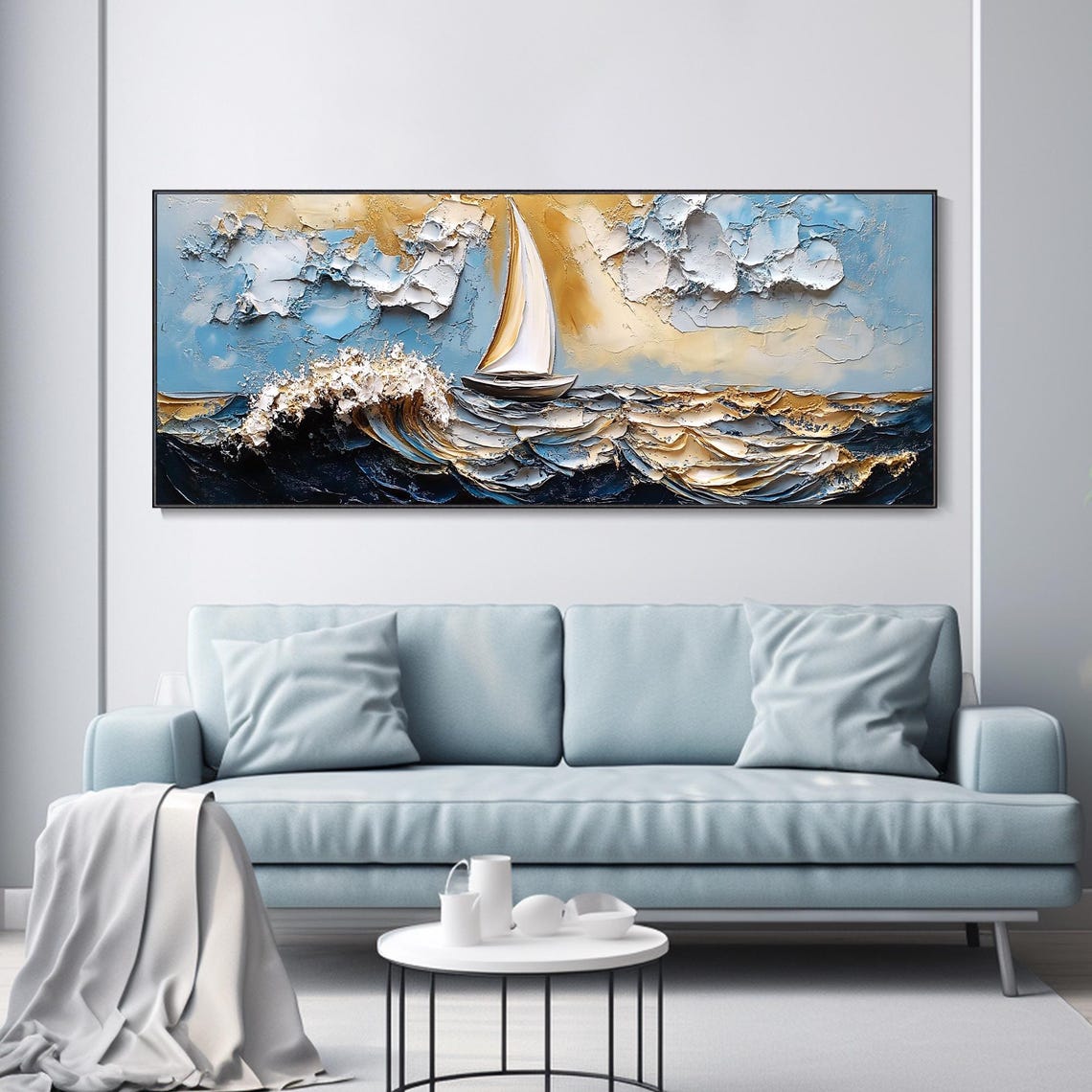 Golden Sailboat Ocean Waves Textured Impasto Seascape Art Poster - Image 3