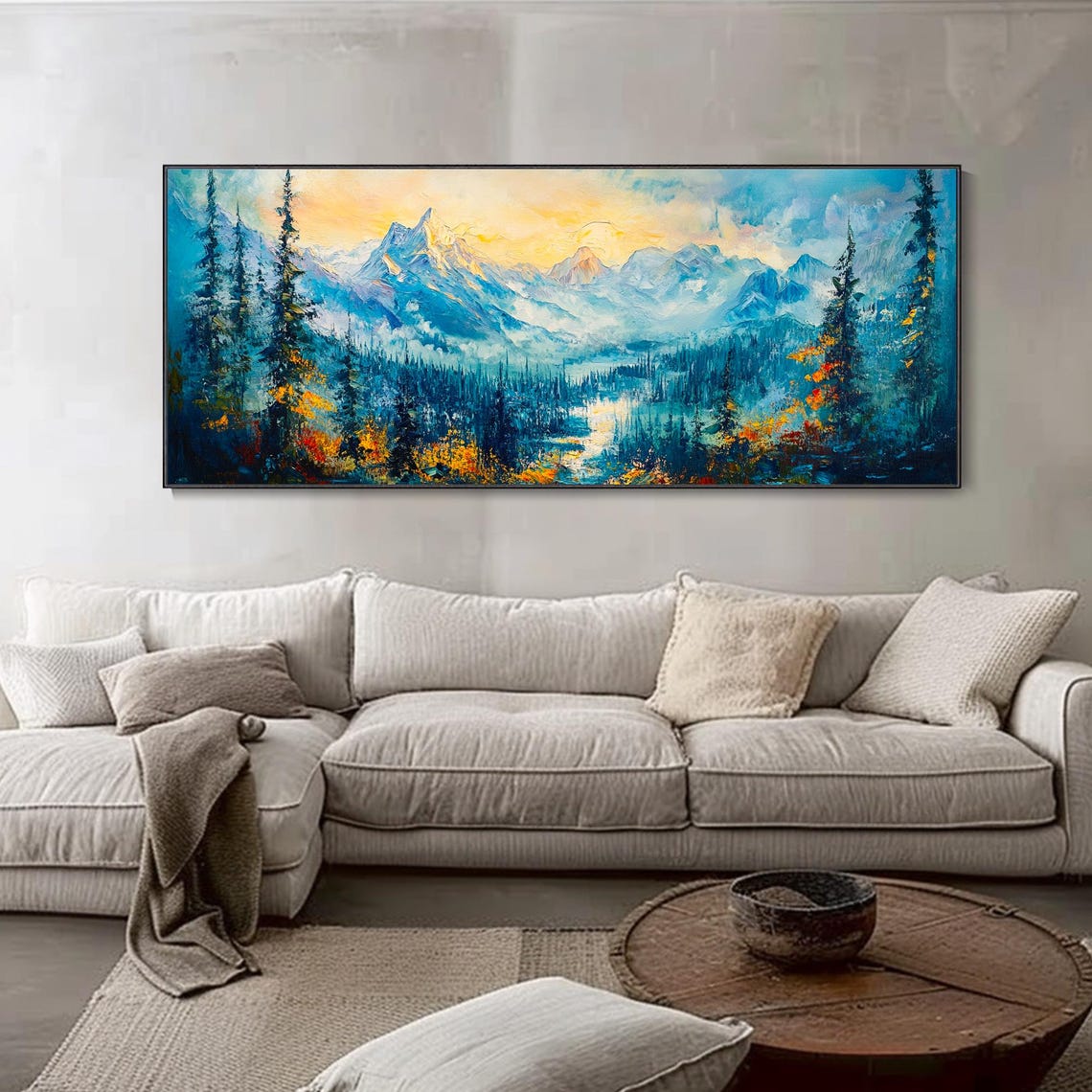 Teal Mountain Valley Evergreen Forest Golden Sky Impasto Art Poster - Image 5