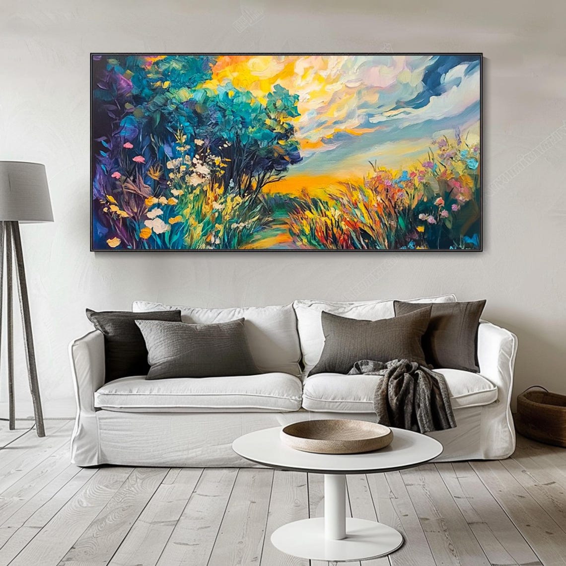Impressionist Spring Wildflower Meadow Sunset Landscape Oil Poster - Image 4