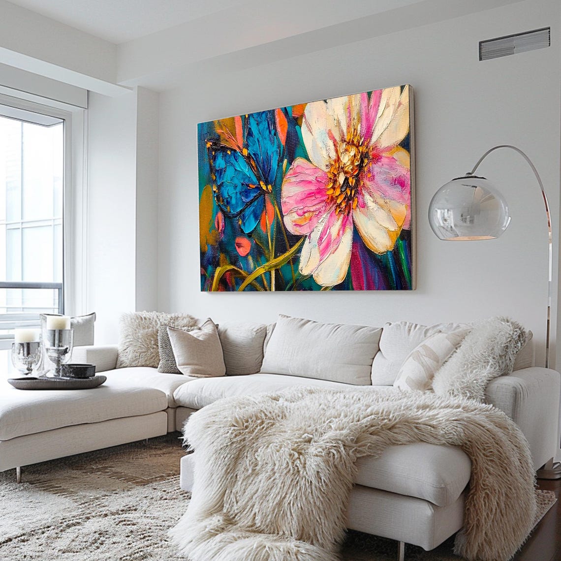 Blue Butterfly Pink Blossom Textured Impasto Floral Art Poster - Image 2