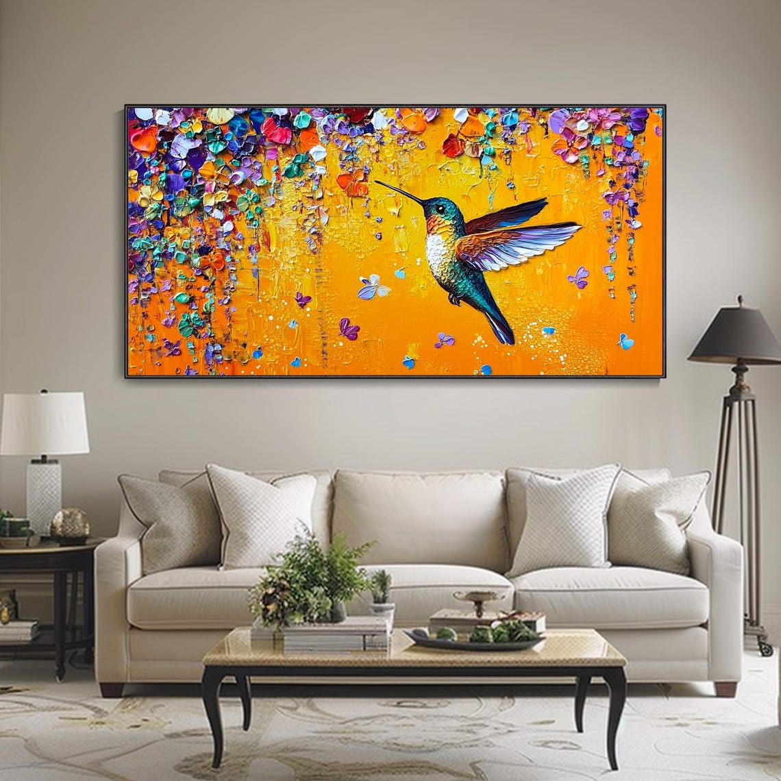 Colorful Hummingbird Flying Orange Blossom Petals Impasto Art Poster - Image 4
