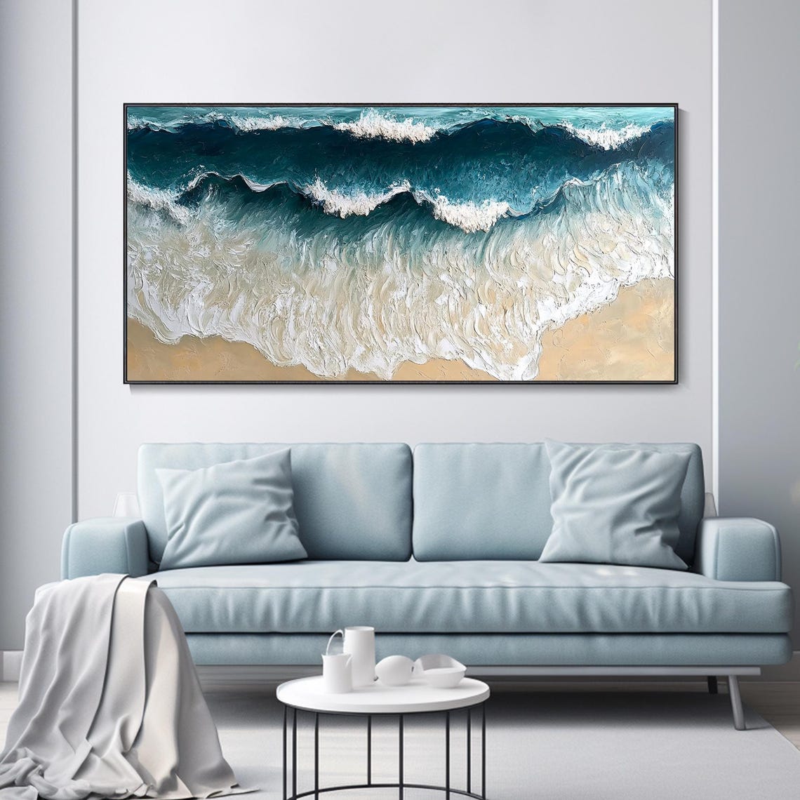 Aerial Ocean Waves Crashing Sand Beach Turquoise Impasto Art Poster - Image 3