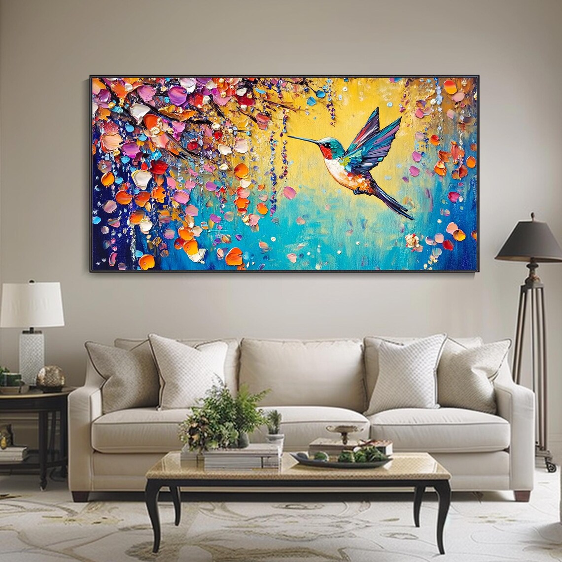 Cherry Blossom Waterfall Hummingbird Oil Art Print - Image 4