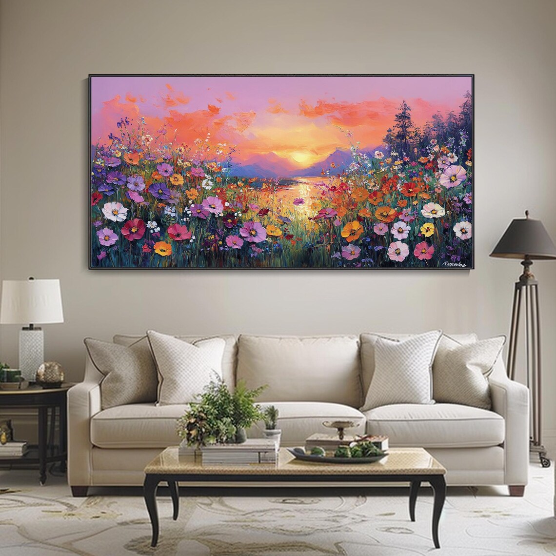Wildflower Meadow Sunset Mountain Lake Landscape Modern Poster - Image 3