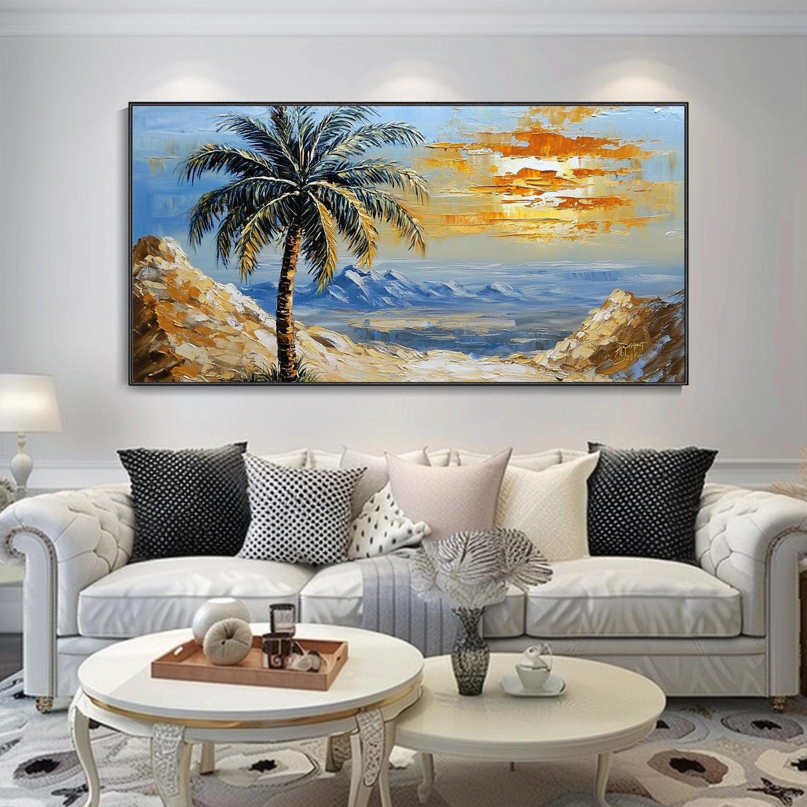 Desert Oasis Palm Tree Blue Mountains Sunset Landscape Art Poster - Image 2