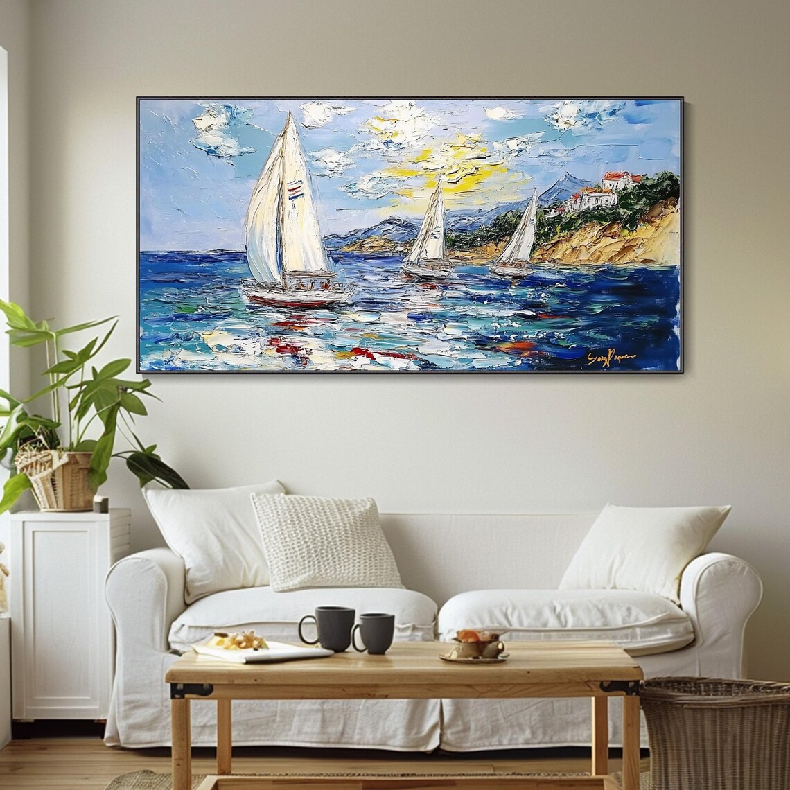 Sailboats Blue Sea Coastal Town Regatta Bright Seascape Art Poster - Image 4
