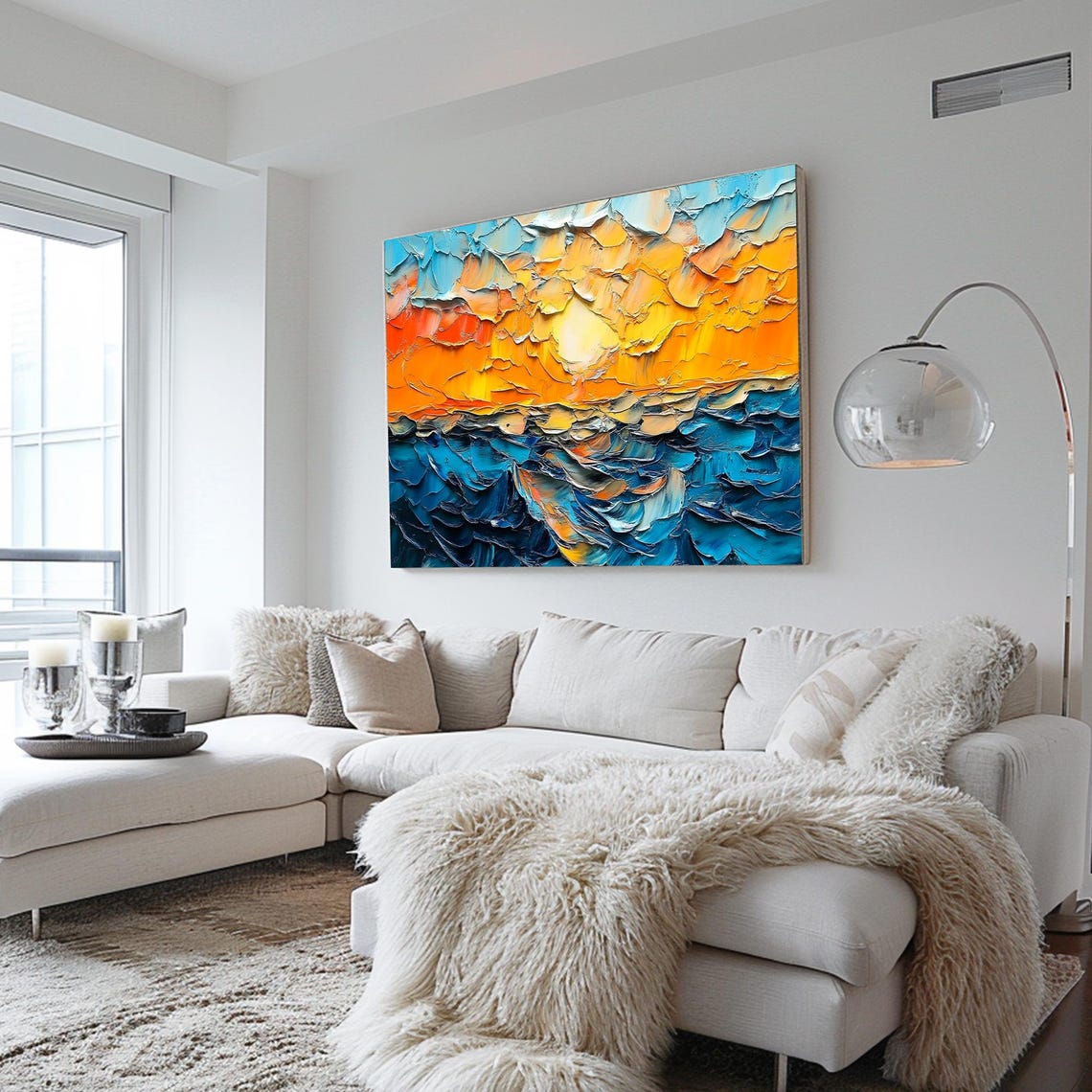 Deep Blue Ocean Waves Orange Sunset Sky Palette Knife Art Poster - Image 2