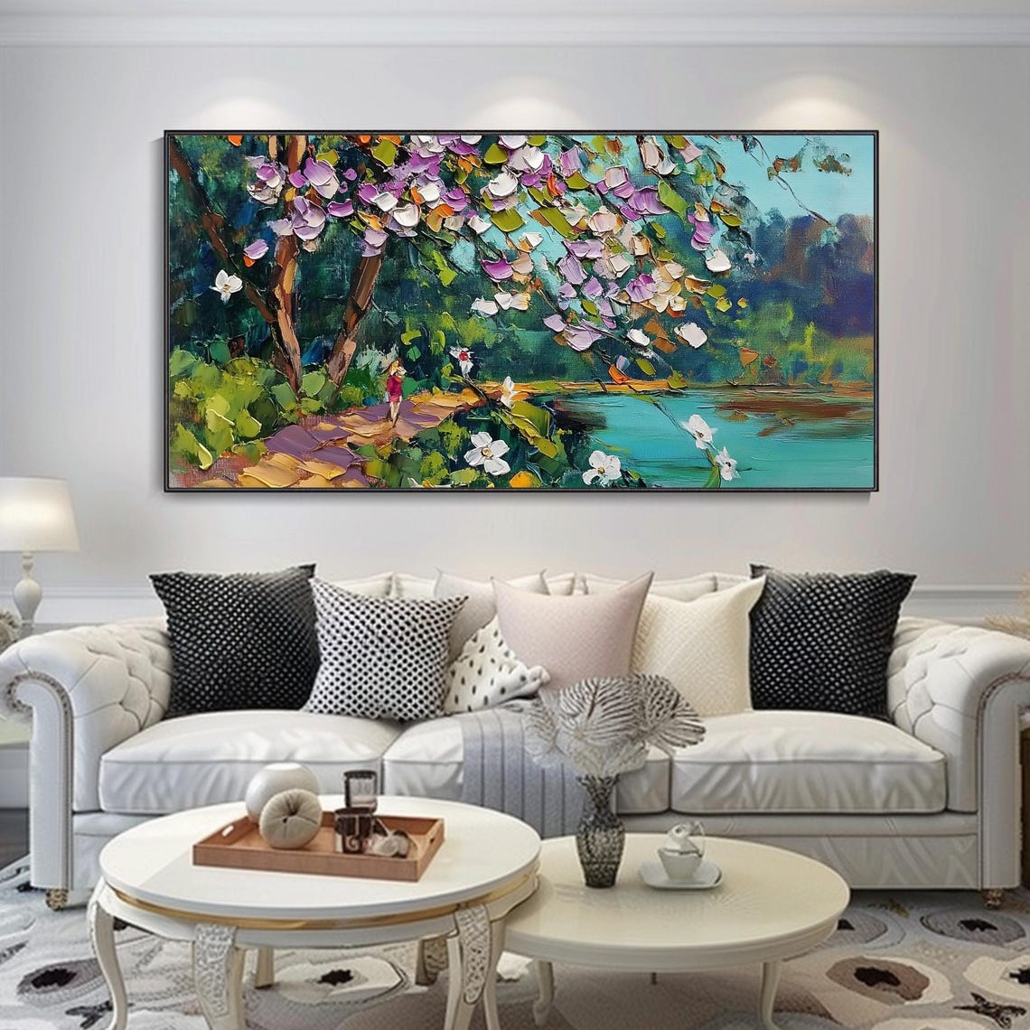 Blossoming Trees Turquoise Pond Spring Landscape Oil Art Poster - Image 2