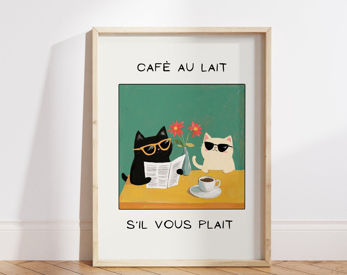 French Cafe Au Lait Cat Print, Kitchen Decor