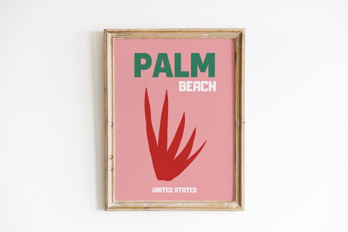 Palm Beach Pink Retro Sunshine Travel Poster with Red Agave Palm Art