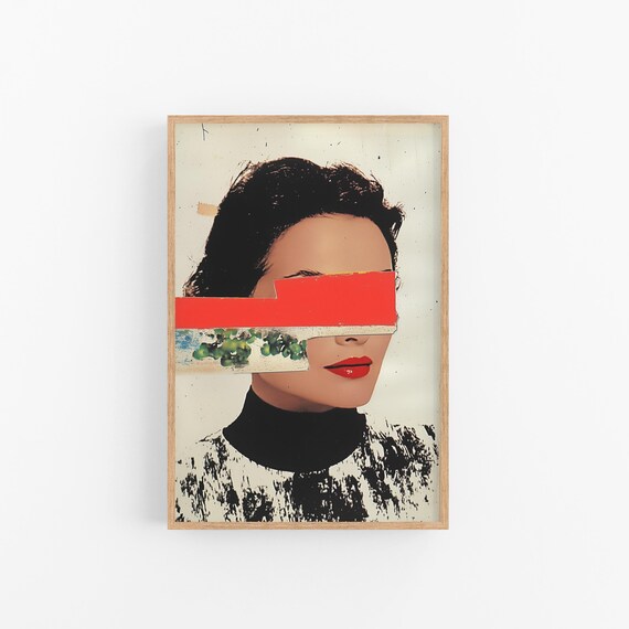 Abstract Woman Portrait Collage Red Lips Vintage Style Wall Art