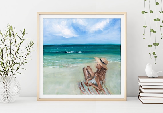 Woman Sun Hat Relaxing Turquoise Beach Ocean View Art Poster
