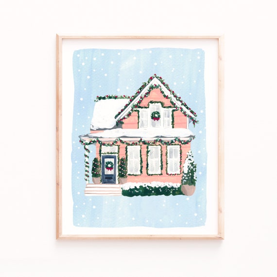 Holiday Home Pink House Christmas Art Print