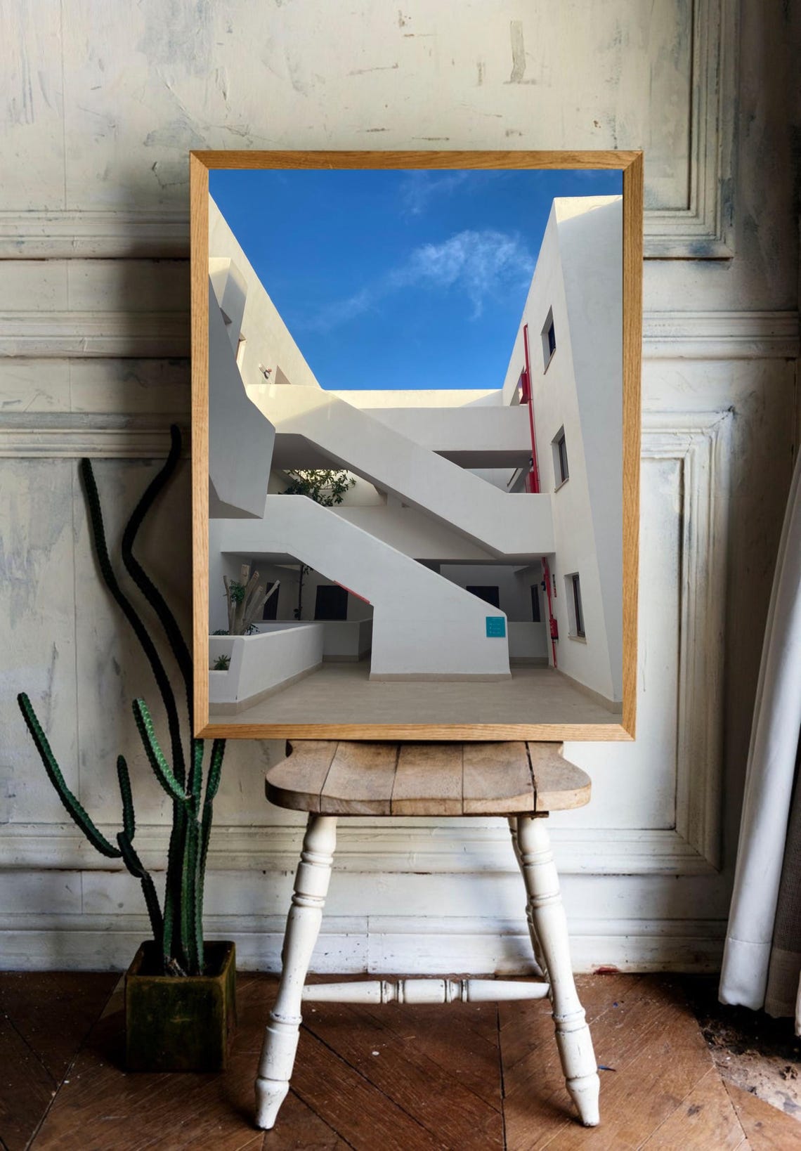 White Minimalist Staircase Mallorca Architecture Photography Poster - Image 2