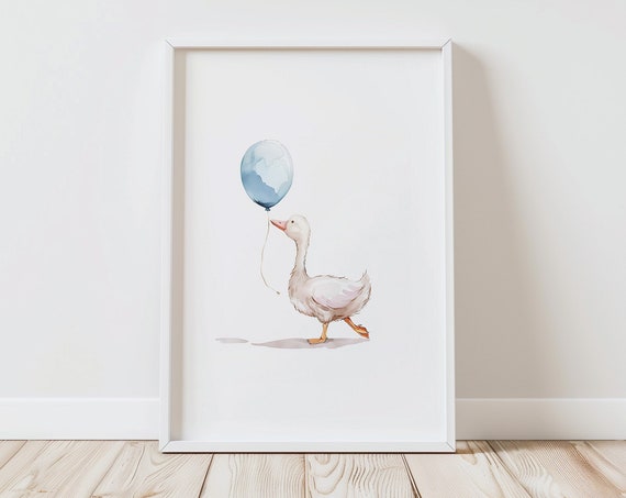 Duck Nursery Wall Art Duck With Blue Balloon Art Minimalist Decor Duck Nursery Decor Kids Room Wall Art Modern Farmhouse