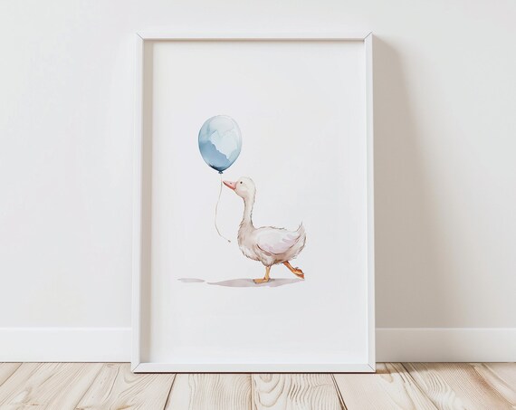 White Duck Blue Balloon Minimalist Baby Boy Nursery Watercolor Poster