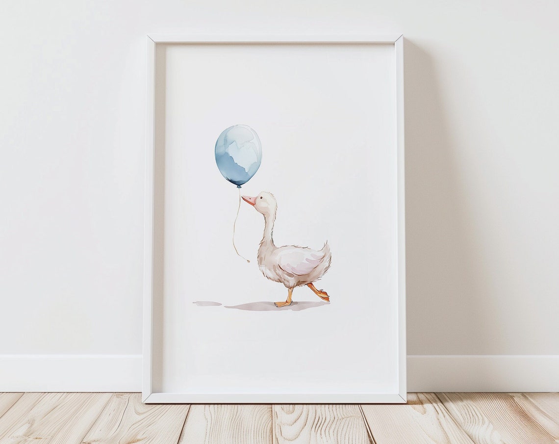 White Duck Blue Balloon Minimalist Baby Boy Nursery Watercolor Poster