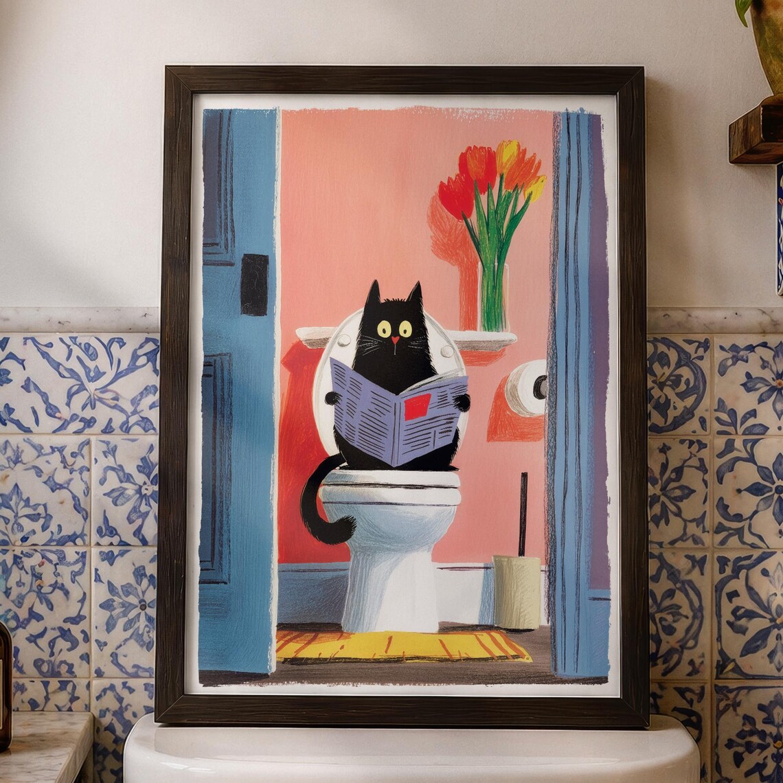 Black Cat Bathroom Wall Art Print Funny Toilet Newspaper Poster Quirky Decor Gift