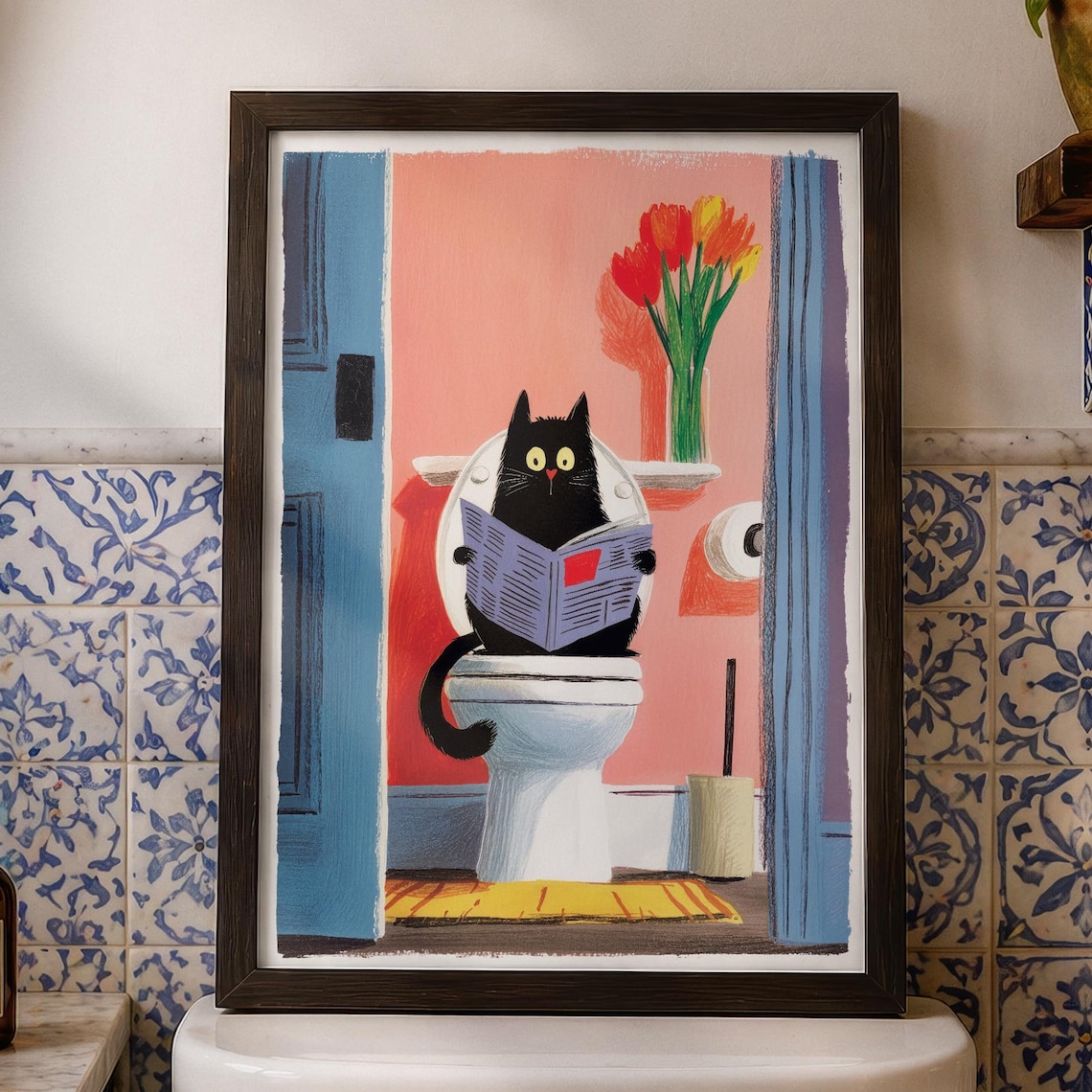 Funny Black Cat on Toilet Reading Newspaper Cute Bathroom Poster