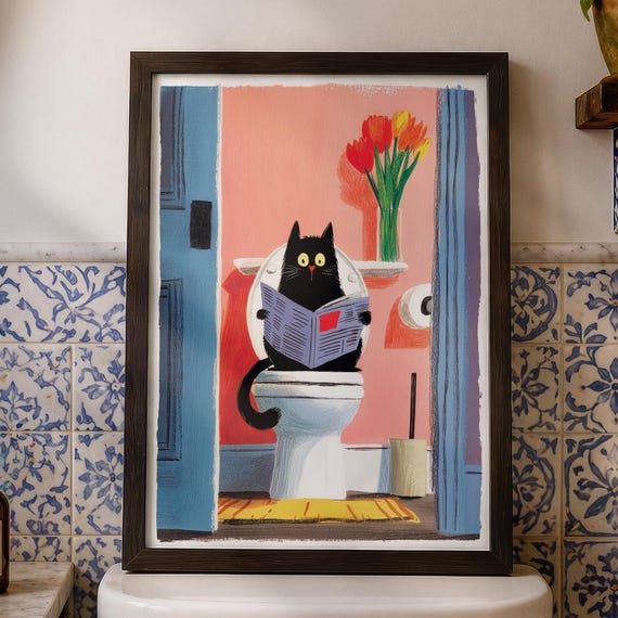 Black Cat Bathroom Wall Art Print Funny Toilet Newspaper Poster Quirky Decor Gift
