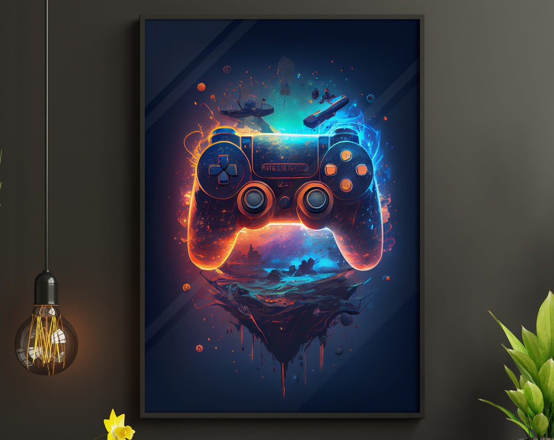 Floating Game Controller Neon Explosion Abstract Gaming Poster