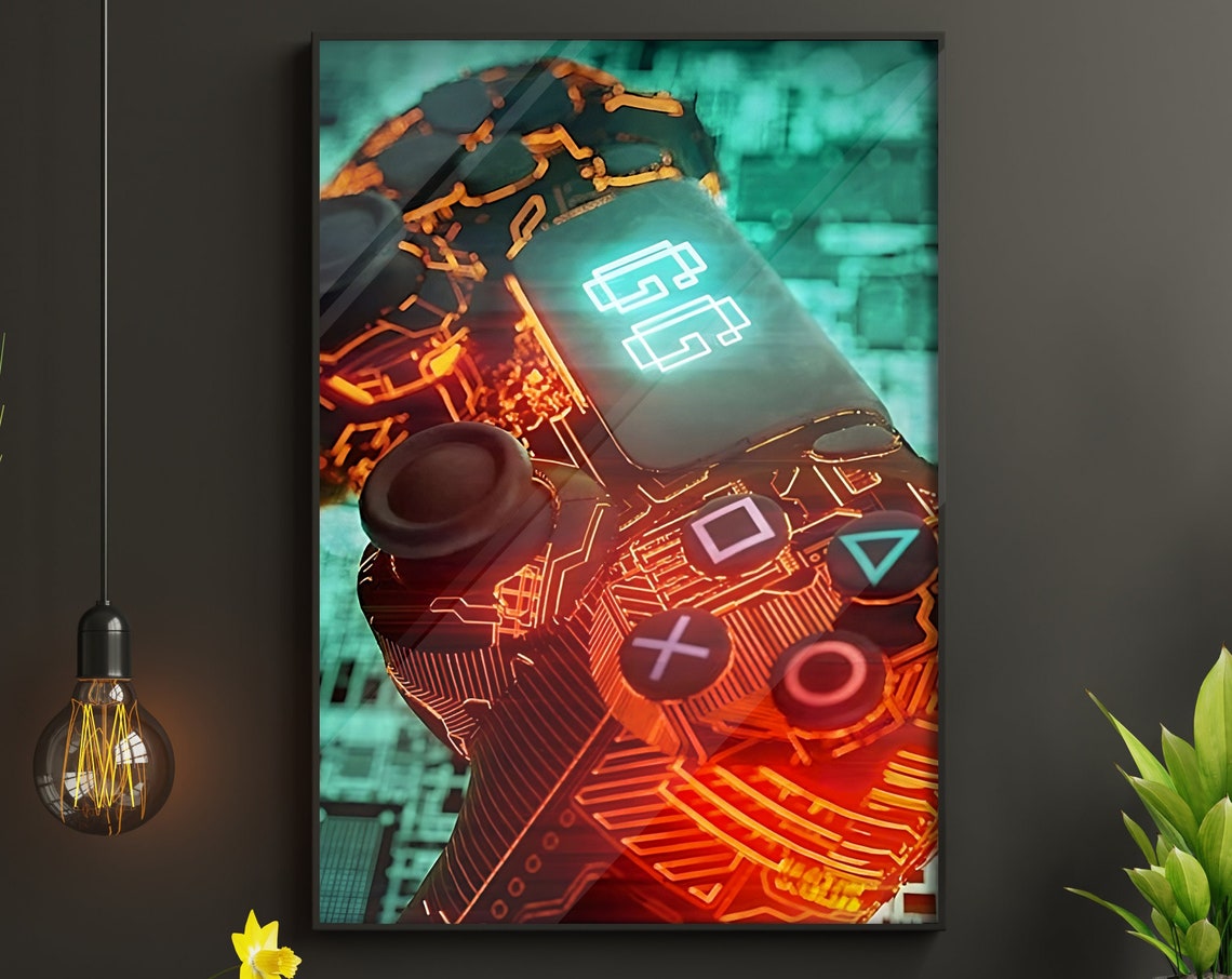 Circuit Board Game Controller Neon Macro Closeup Tech Art Poster